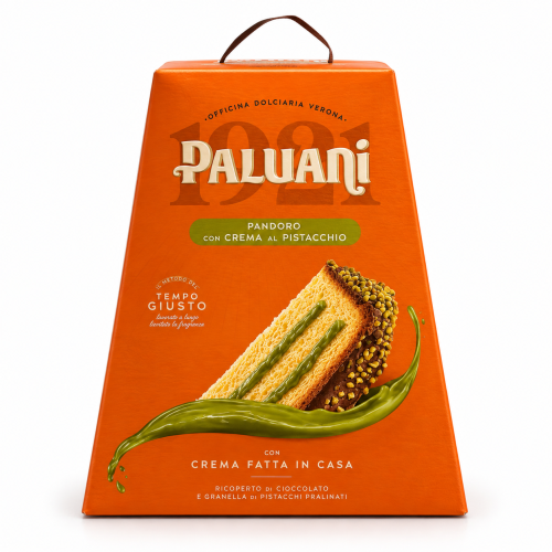 Pomarańczowe opakowanie pandoro pistacjowego Paluani.png