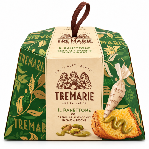 Panettone pistacjowe Tremarie w eleganckim opakowaniu.png
