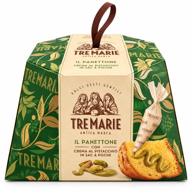 Panettone pistacjowe Tremarie w eleganckim opakowaniu.png